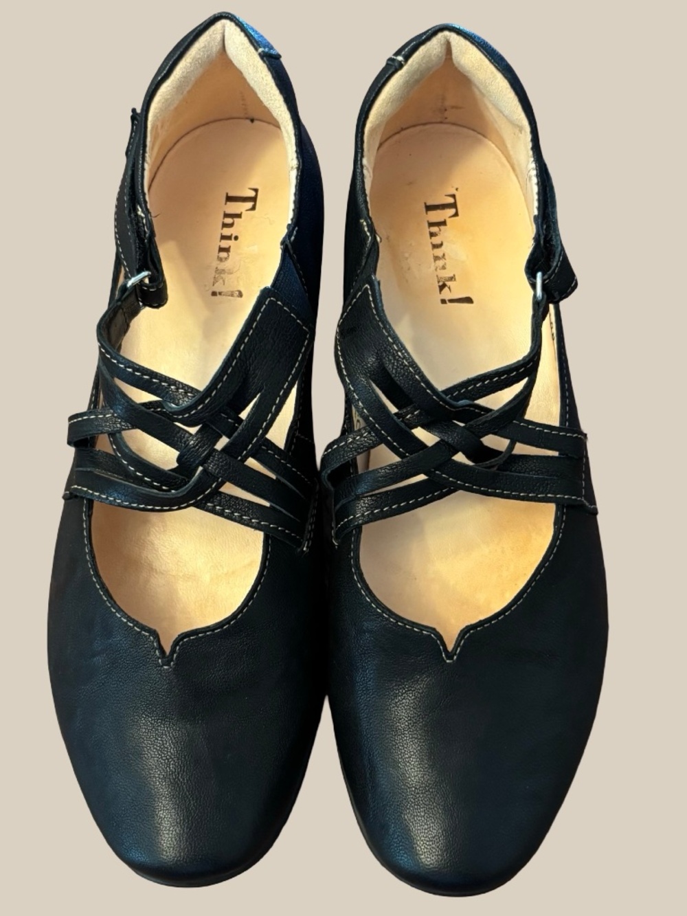 Think! Chilli Black Leather Criss Cross Multi Strap Mary Jane Flats EU38, US7.5